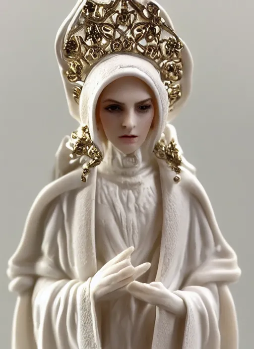 Prompt: 80mm resin detailed miniature of a beautiful Hypriestes, clothed in white robe and hood, beautiful bone structure, symmetrical facial features, Product Introduction Photos, 4K, Full body