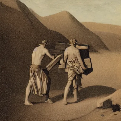 Image similar to Three men carrying a chest in the desert by finlay virgil