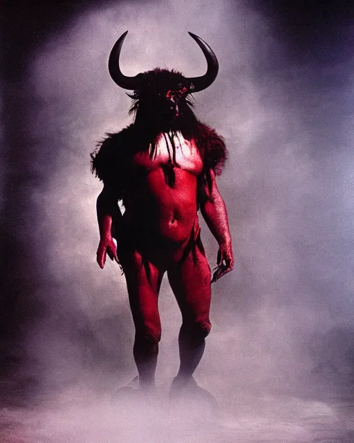 Image similar to tim curry in full makeup as darkness, the goat legged water buffalo horned red devil in ridley scott's movie legend. studio lighting, photoshoot in the style of annie leibovitz, atmospheric smoke