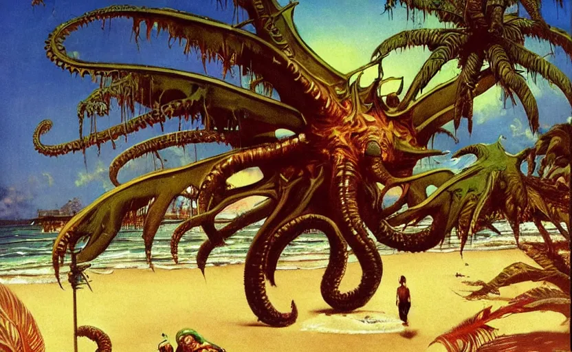 Prompt: cthulhu rising from the ocean by a tropical beach with palm trees. lovecraftian horror. highly detailed science fiction painting by norman rockwell, frank frazetta, and syd mead. rich colors, high contrast, gloomy atmosphere, dark background. trending on artstation