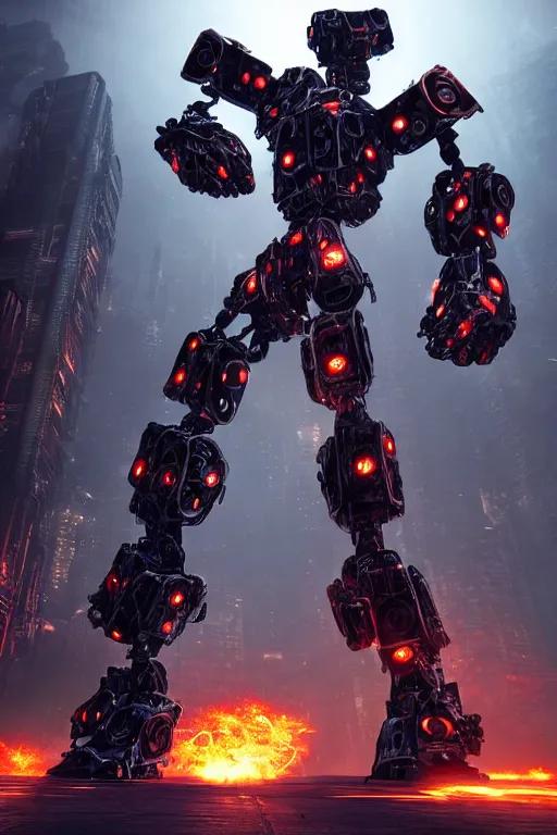 Image similar to a futurecore fractal boxing humanoid mecha in ruin city, twilight, by real steel ( 2 0 1 1 ) and pacific rim and machine warrior 5, cryengine, post apocalyptic, mechanical structure, unreal engine 5, scarlet and black scheme, sharp focus, 8 k realistic, hyper detailed, bright, ray tracing, realistic shaded, smooth face