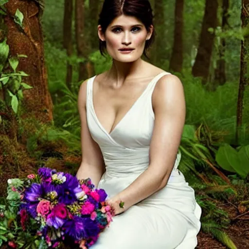 Image similar to picture of gemma arterton wearing a long rainbow wedding gown, sitting in a colorful forest