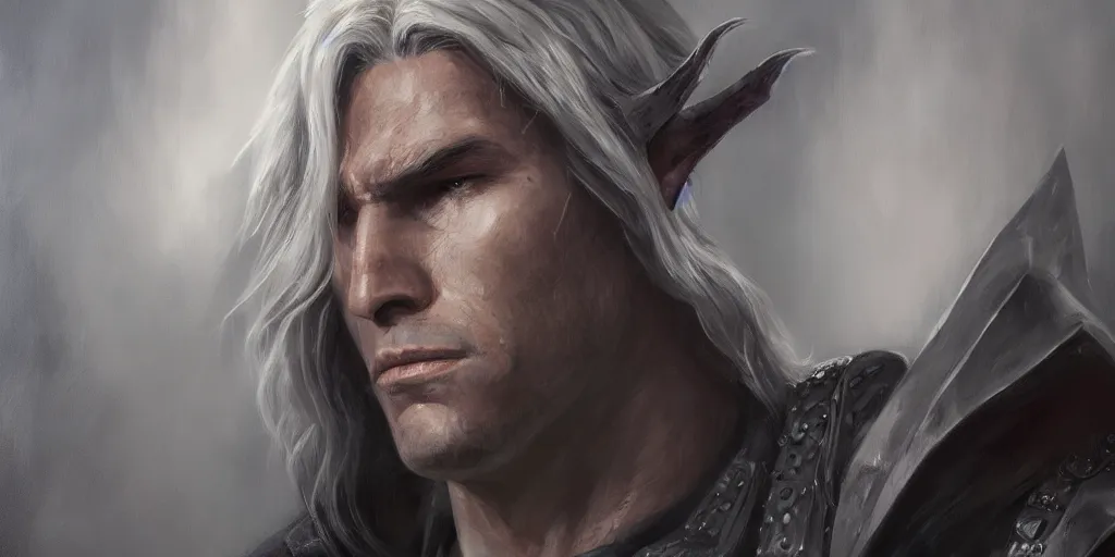 Prompt: realistic drizzt du orden by r. a. salvatore portrait, trending on artstation, low angle oil painting and composition laws, cinematic lighting, hyperdetailed, artstation, cgsociety, 8 k