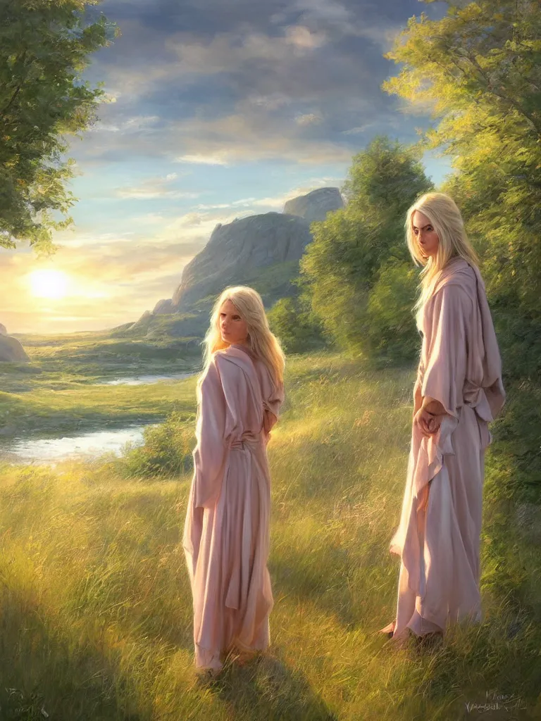 Image similar to blonde female jedi, Swedish countryside, landscape view, archipelago, freedom, dawn, sunrise, beautiful, by Vladimir Volegov, wlop, artstation