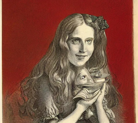 Image similar to Tenniel illustration portrait of Alice looking happy, Lewis Carrol