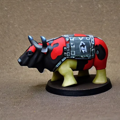 Image similar to Cow wearing a car tire, painted warhammer 40k miniature