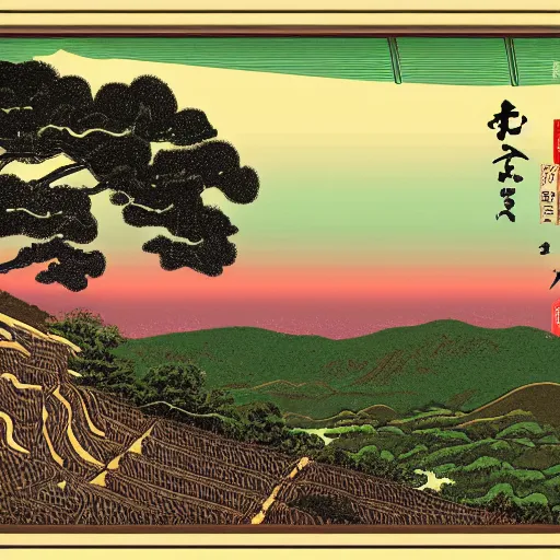 Image similar to landscape of japanese countryside, in style of weezer pinkerton