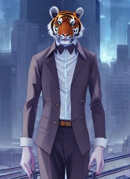 Image similar to character portrait of a male anthro Tiger fursona wearing a dress shirt and slacks in a futuristic city. Character design by charlie bowater, ross tran, artgerm, and makoto shinkai, detailed, inked, western comic book art