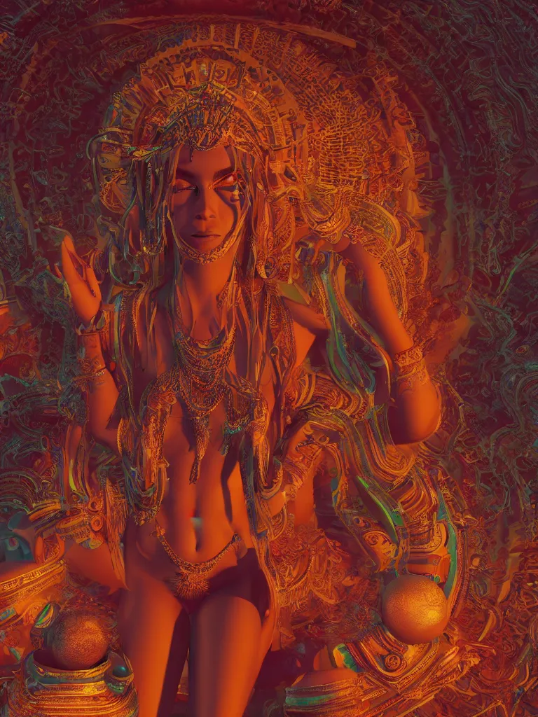 Image similar to a centered render of an alluring tribal goddess meditating in a mystical psychedelic temple, full body, gorgeous face, perfect face, powerful, by viktoria gavrilenko, 3 d, trending on artstation, octane render, 8 k