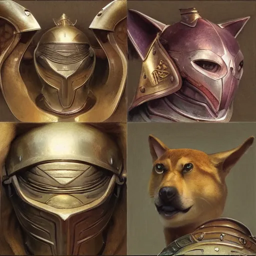 Image similar to knight armor, anthropomorphic shiba inu face, knight round table in tavern,, stuning 3 d render, masterpiece, glowing aura, by donato giancola and greg rutkowski and wayne barlow and zdzisław beksinski, realistic face