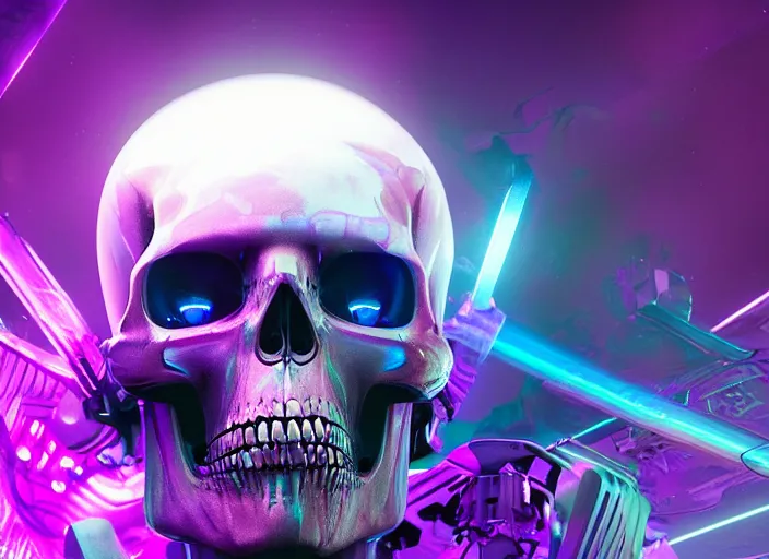 Image similar to a futuristic skull with glowing eyes and a purple background, cyberpunk art by android jones, behance contest winner, computer art, darksynth vaporwave, rendered in cinema 4 d