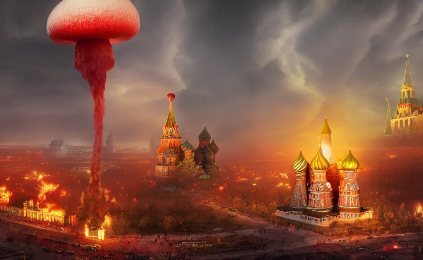 Image similar to nuclear explosion with realistic nuclear mushroom in Red Square Kremlin, cinematic shot, extremely high detail, photo realistic, cinematic lighting, post processed, artstation, matte painting, digital painting