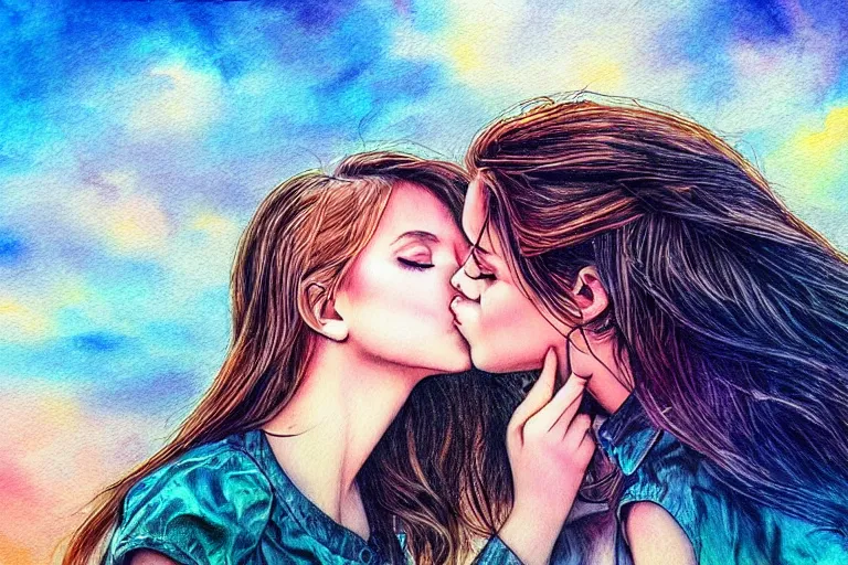 Image similar to girl kiss, fantasy, pen painting, ultra realistic!!!, hdr, clear weather, golden hour, sharp focus