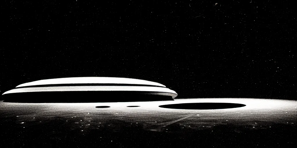 Image similar to low angle shot of a space port at night, set design by Ed Wood, in the style of Jim Jarmusch, shot on film, grainy, hyperrealistic