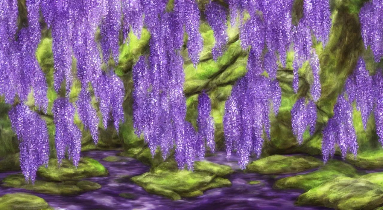 Prompt: wisteria forest with a narrow rocky purple river flowing through it. digital painting. trending on artstation.