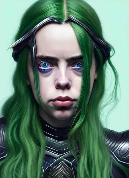 Prompt: Billie Eilish as Female Loki, beautiful facial symmetry, olive skin color, hyper realistic, hyper detail, very detailed, digital art, trending on artstation, smooth render, 8k octane render, digital illustration, by Katsuhiro Otomo and Shigeru Miyamoto