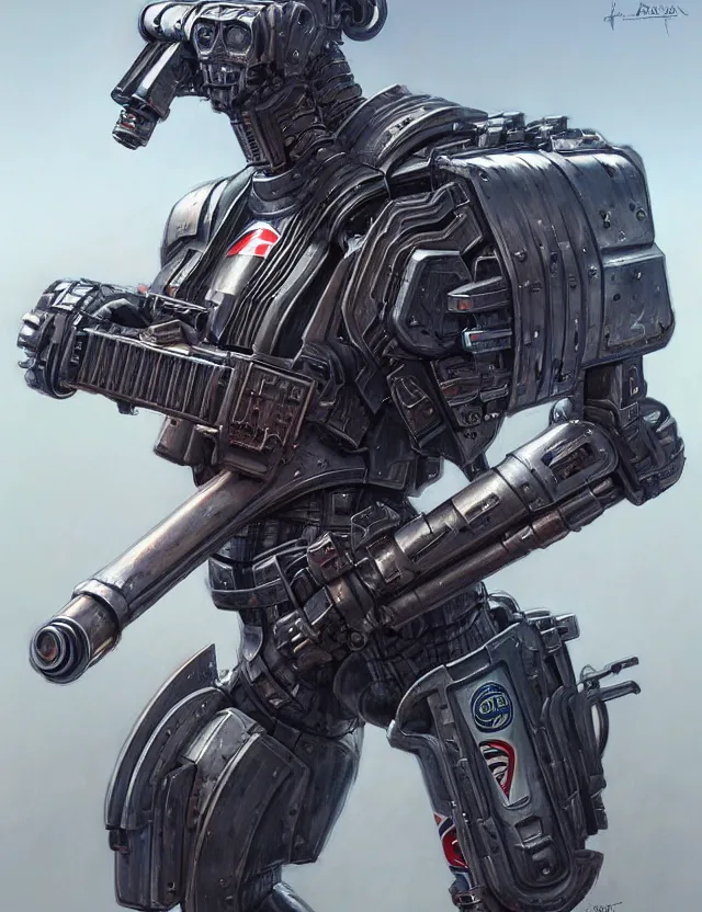 Image similar to a portrait of a tactical exoskeleton with miniguns painted with the pepsi logo, by moebius and tyler edlin and hr giger, trending on artstation, digital art, 4 k resolution, detailed, high quality, sharp focus, hq artwork, coherent, insane detail, concept art