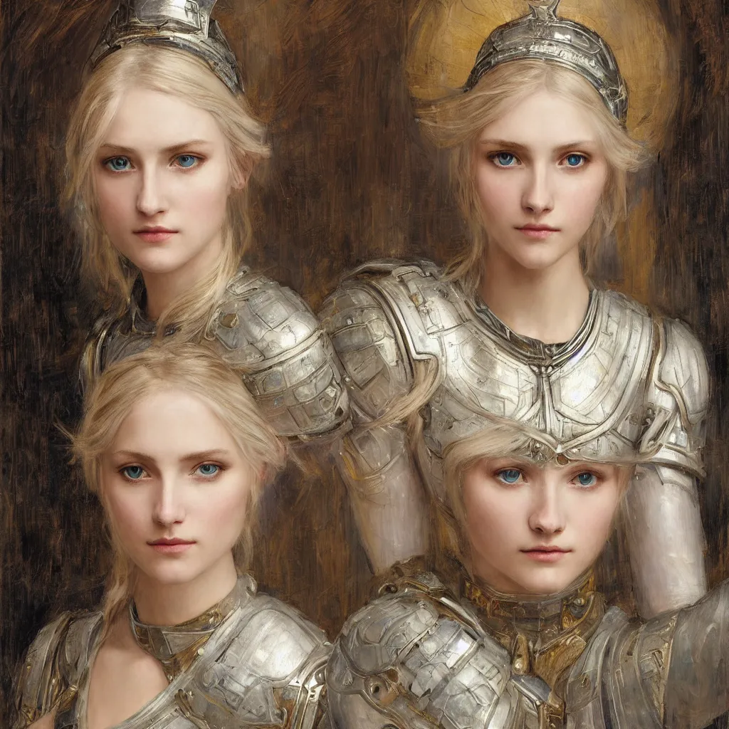 Image similar to armored beautiful pale platinum - blonde young woman with light blue eyes, soft gaze, a golden round halo around her head, wearing a fine decorated silver breastplate, painted by john william waterhouse : : 0. 5, epic fantasy, masterpiece, portrait, fine art, digital art, detailed, ultra - hd, cinematic, volumetric, intricate