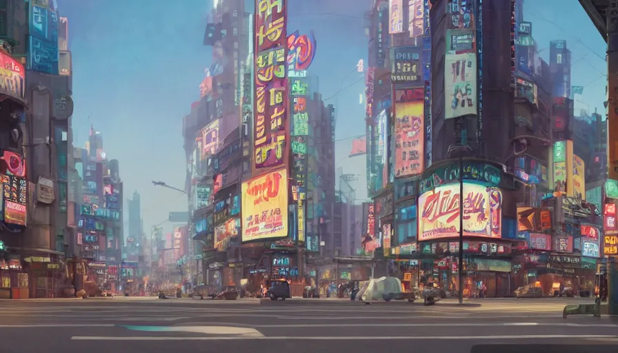 Image similar to A highly detailed matte painting of Buildings with Billboards and neonsigns by Studio Ghibli, Makoto Shinkai, by Artgerm, by WLOP, by Greg Rutkowski, volumetric lighting, octane render, 4K resolution, trending on artstation, masterpiece