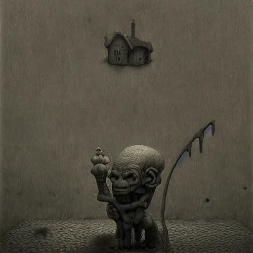 Prompt: the goblin that lives under my house, by john kenn mortensen and zdizslaw beksinski