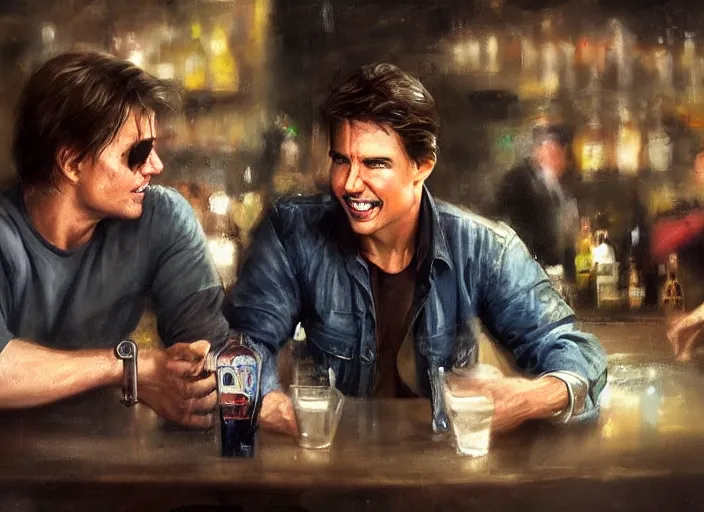 Prompt: hyper realistic tom cruise hanging out with tom cruise at a bar, by greg rutkowski, 4 k, 8 k, masterpiece