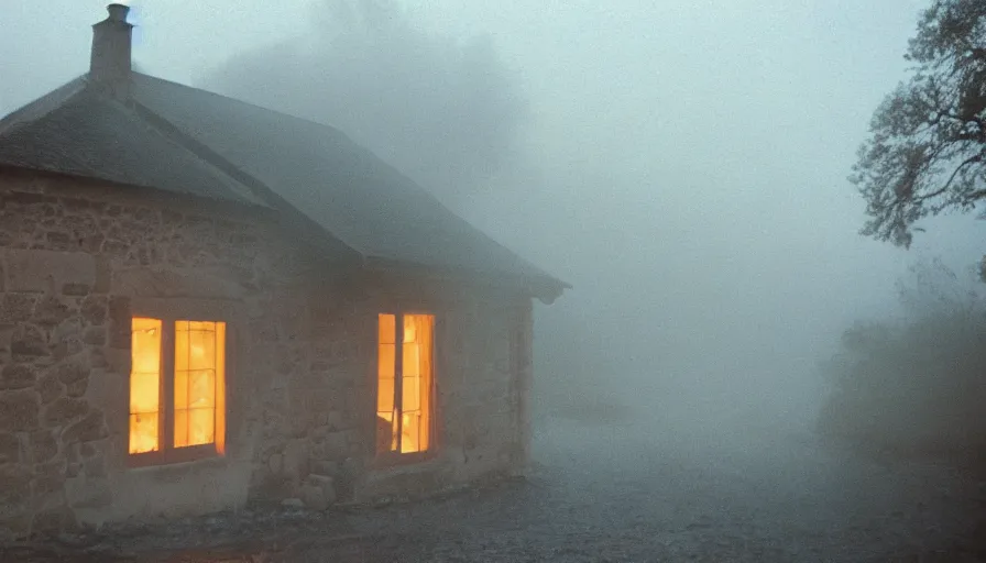 Prompt: 1 9 7 0 s movie still of a heavy burning french style little house in a small north french village by night, rainy, foggy, in winter, cinestill 8 0 0 t 3 5 mm, heavy grain, high quality, high detail, dramatic light, anamorphic, flares