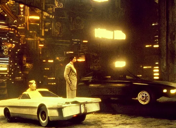 Prompt: scene with the main character standing next to a vehicle from the 1912 science fiction film Blade Runner