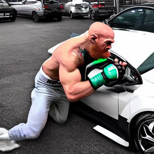 Image similar to a humanoid car wrestling conor mcgregor, ultra detailed, ultra realistic