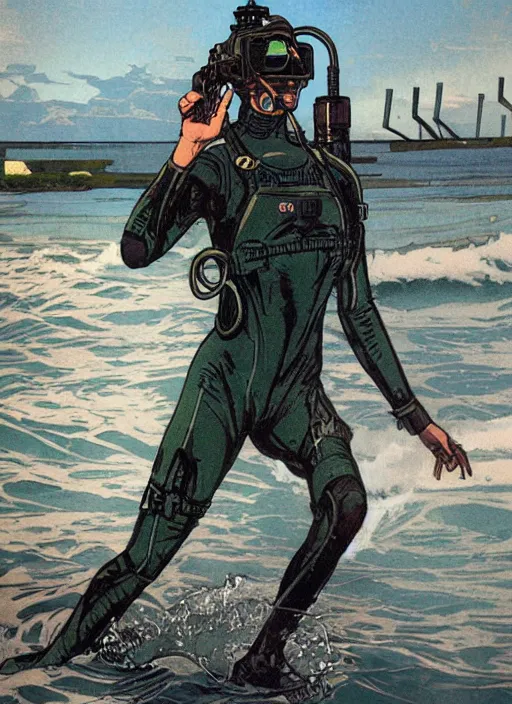 Prompt: Dinah. USN blackops operator emerging from water at the shoreline. Operator wearing Futuristic wetsuit and looking at an abandoned shipyard. Frogtrooper. rb6s, MGS, and splinter cell Concept art by James Gurney, Alphonso Mucha. Vivid color scheme.