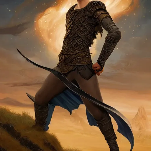 Image similar to an epic fantasy comic book style full body portrait painting of a young blonde boy who is over confident, wearing plain thief clothes, d & d, fantasy, intricate, elegant, highly detailed, digital painting, artstation, concept art, matte, sharp focus, illustration, art by artgerm and greg rutkowski and alphonse mucha