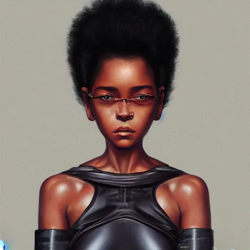 Image similar to A black woman with big Afro cute brown eyes, fine-face, realistic shaded perfect face, fine details. realistic shaded lighting poster by Ilya Kuvshinov katsuhiro otomo ghost-in-the-shell, magali villeneuve, artgerm, Jeremy Lipkin and Michael Garmash, Rob Rey and Kentarõ Miura style, trending on art station