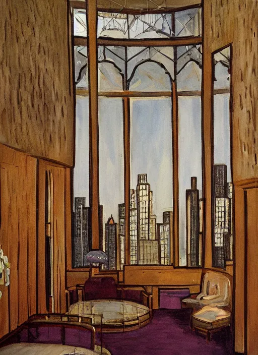 Prompt: a painting of the interior of a glass buildding designed by sanaa by richard estes