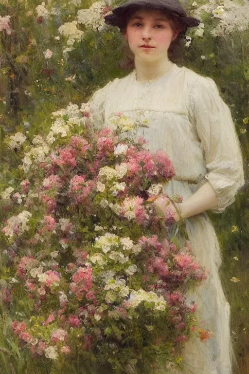 Prompt: Richard Schmid and Jeremy Lipking full length portrait painting of a young beautiful edwardian girl hold a large bouquet of flowers standing in a cottage garden