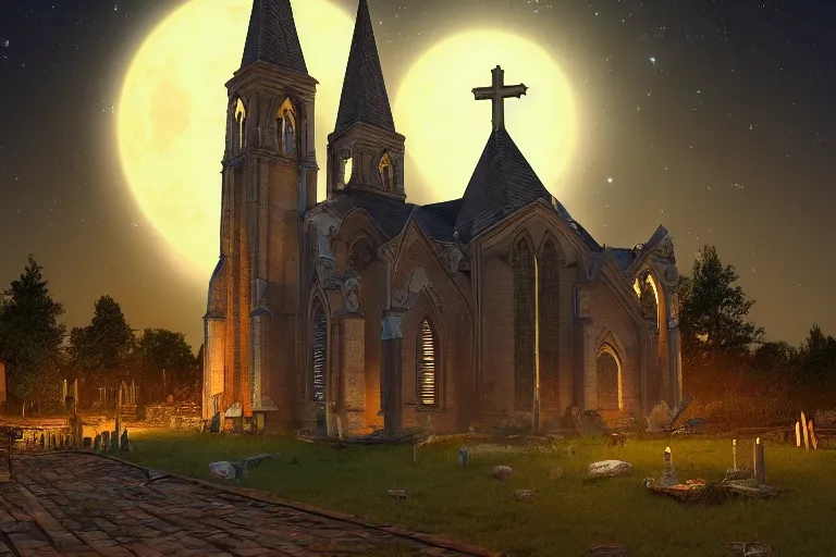 Image similar to an ultra detailed animation of a church steeple with bats in a graveyard at midnight on halloween, digital art, dark fantasy, concept art, soulslike, by alphonse mucha, blood moon eclipse, ruined building in the background, artstation, 8 k, unreal engine render