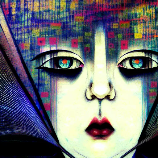 Image similar to yoshitaka amano blurred and dreamy realistic three quarter angle illustration of a young woman with black lipstick and black eyes wearing dress suit with tie, junji ito abstract patterns in the background, satoshi kon anime, noisy film grain effect, highly detailed, renaissance oil painting, weird portrait angle, blurred lost edges