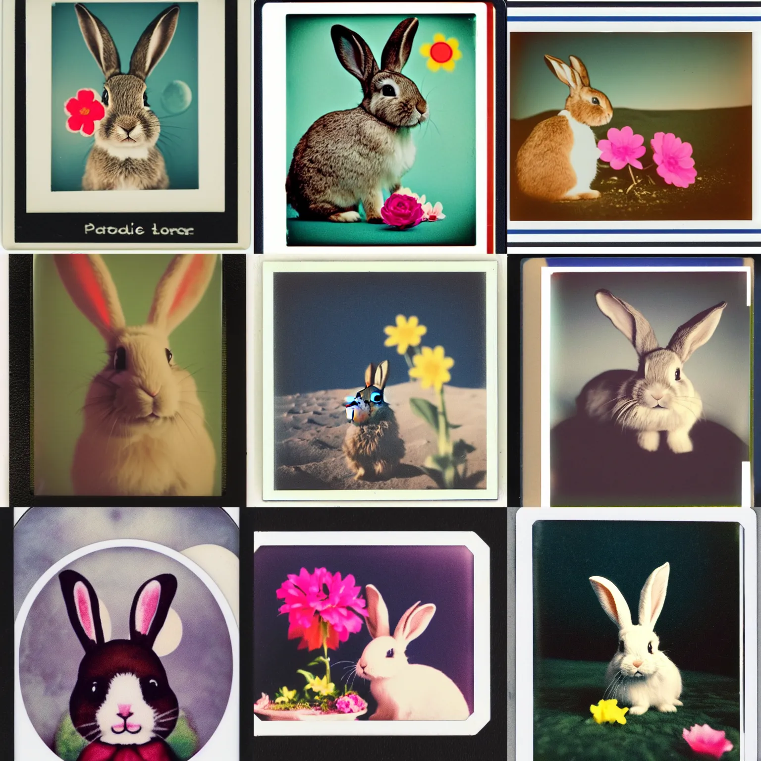 Prompt: Polaroid photo of a bunny and a flower on the moon, high contrast, rich colors