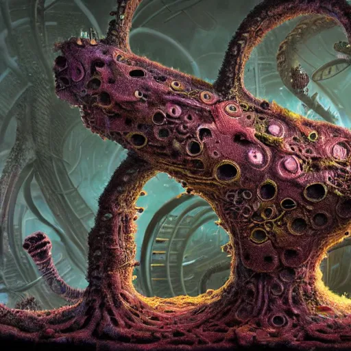 Image similar to highly evolved biomechanical phyrexian dreadnought pregnant borg queen hybrid dotted with lichens and fungal growth being possessed by the machine spirit, artists tram pararam and doctor seuss with beryl cook and jack kirby, high contrast cinematic light, mystical shadows, sharp focus, octane render