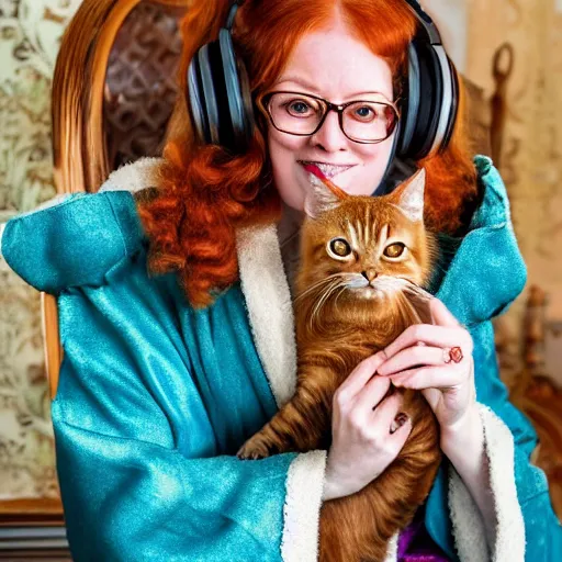 Image similar to a stunning hyper-detailed closeup portrait photo of a beautiful smiling retro-bespectacled woman with long ginger hair and bangs, wearing a luxurious robe, wearing steampunk headphones and posing with her handsome ginger tabby cat and raccoons and parrots in an overstuffed easy chair in her sunlit victorian living room, holding a coffee cup and a donut and smoking an elaborate hookah, perfect eyes, octane render, unreal engine, 85 mm lens,