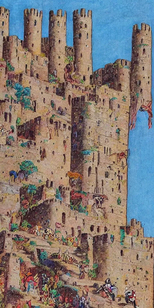 Prompt: goats in a tall citadel with tall towers and long stairs, colorful, beautiful, highly detailed