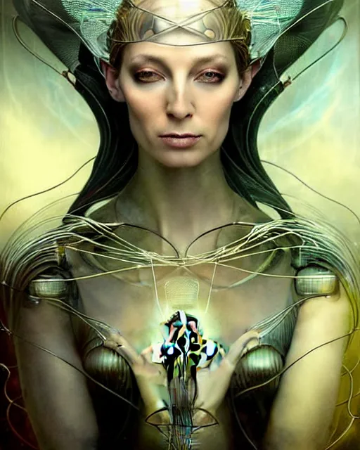 Image similar to karol bak and tom bagshaw and bastien lecouffe - deharme full body character portrait of galadriel as the borg queen, digitalcore rebirth, floating in a powerful zen state, supermodel, beautiful and ominous, wearing combination of mecha and bodysuit made of wires and silk, machinery enveloping nature in the background, scifi character render