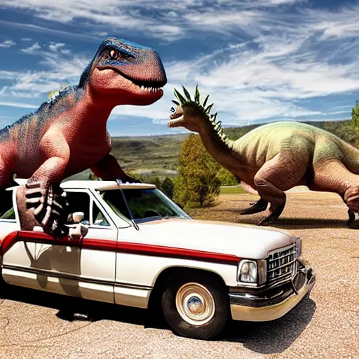 Prompt: dinosaurs and Cadillacs