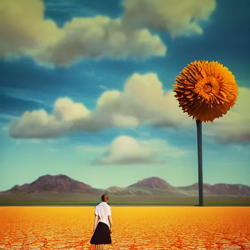 Image similar to giant daisy flower head, girl walking on salt flats mountains, surreal photography, sunrise, dramatic light, impressionist painting, colorful clouds, digital painting, artstation, simon stalenhag