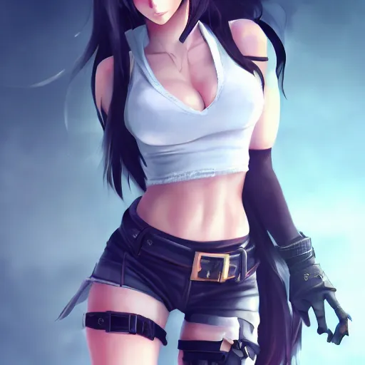 Image similar to head to toe shot of tifa lockhart by wlop, rossdraws, mingchen shen, bangkuart, sakimichan, yan gisuka, jeongseok lee, artstation, 4k