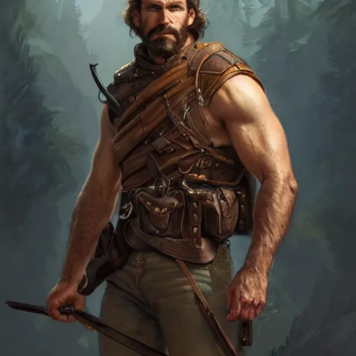 Image similar to portrait of a rugged ranger, coherent hands, handsome, muscular, full body, leather, hairy, d & d, fantasy, intricate, elegant, highly detailed, digital painting, artstation, concept art, smooth, sharp focus, illustration, art by artgerm and greg rutkowski and alphonse mucha