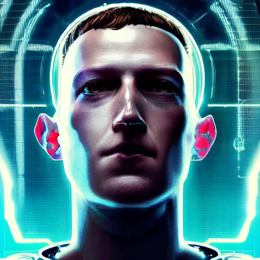 Image similar to looking at camera, ominous portrait of cyborg Mark Zuckerberg as a cyberpunk 2077 loading screen, symmetry, front view, intricate, studio, art by anthony macbain + greg rutkowski + alphonse mucha, concept art, 4k, sharp focus