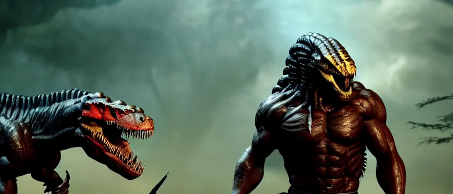 Prompt: predator from movie fighting with tyrannosaurus Rex , high quality image, CG graphics, long shot, denoise, deep depth of field, cinematic lighting