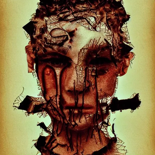 Image similar to face shredded like paper news, dark, surreal, illustration, by ally burke