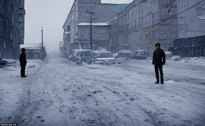 Prompt: In a city of Norilsk on the Moon, a Mysterious man is standing in the middle of a street photo by Gregory Crewdson, a city on the Moon