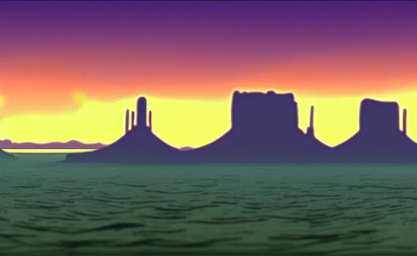 Image similar to a cell - shaded cartoon movie still from howl's moving castle ( 2 0 0 4 ) of a chrome ufo over a flooded monument valley at sunset. very dull muted colors, hd, 4 k, hq