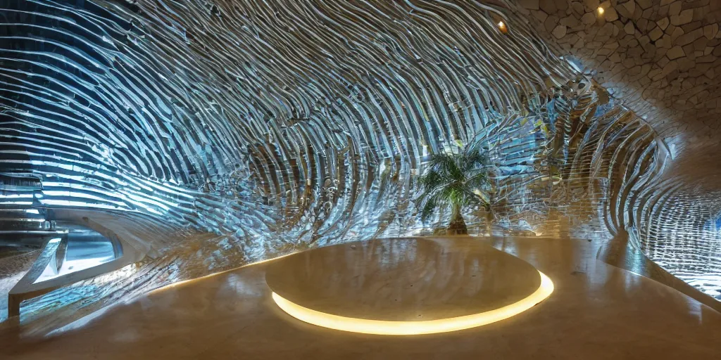 Prompt: extremely detailed stunning curvilinear museum interior with water fall sculpture and led